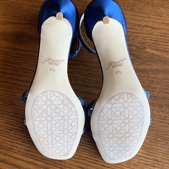 Badgley Mischka Jewel Navy Satin Jewelled Ankle Strap Sandals EUC - Picture 6 of 9